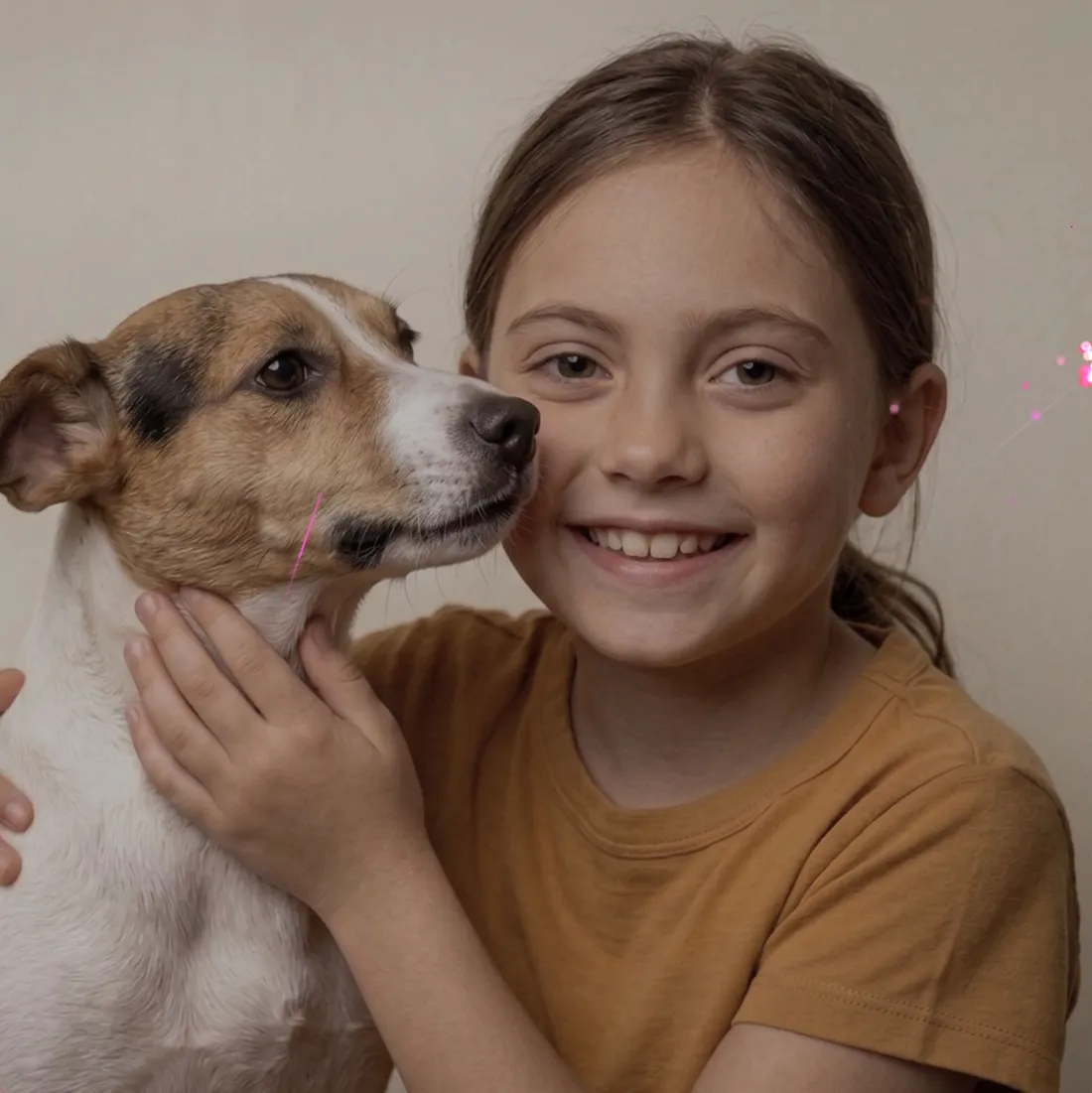 Köpeğine sarılan gülümseyen çocuk
